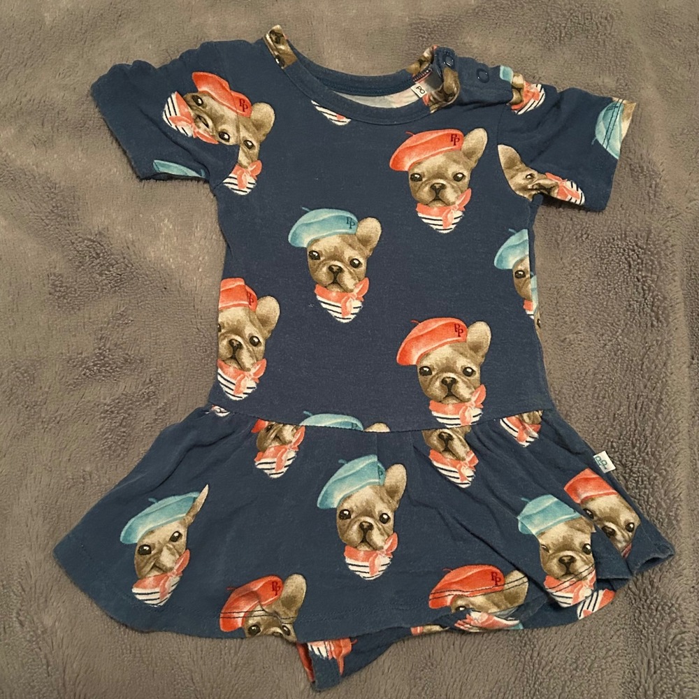 Posh Peanut French Bulldog Beret Bamboo Viscose Skirted Bodysuit Dress 3-6M
